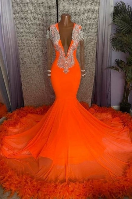  Gorgeous Orange Mermaid Tassel V-Neck Lace Prom Dress With Long Sleeves - Prom Dresses - DYAVOR® 