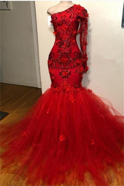  Gorgeous Red One-Shoulder Long-Sleeves Appliques Sexy Mermaid Prom Dress - Prom Dresses - DYAVOR® 