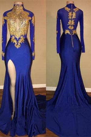  Gorgeous Royal Blue Prom Dresses | Gold Appliques Side Slit Mermaid Evening Dresses - Prom Dresses - DYAVOR® 