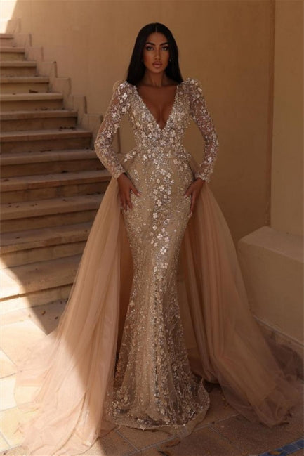  Gorgeous V-Neck Floral Mermaid Long Sleeves Wedding Dress with Detachable Train - Prom Dresses - DYAVOR® 