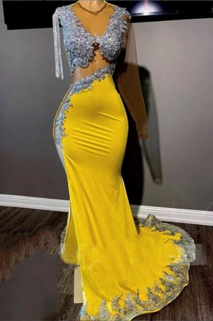 Gorgeous Yellow Tassel Floor Length Long Sleeve Mermaid Prom Dress With Slit - Prom Dresses - DYAVOR® 