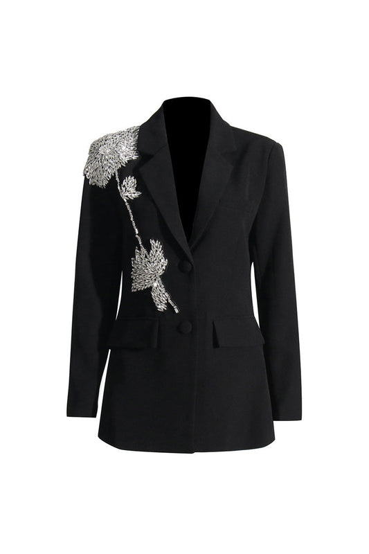  Graceful Lapel Long Sleeve Cinched Waist Floral Crystal Party Blazer - Blazers - DYAVOR® 