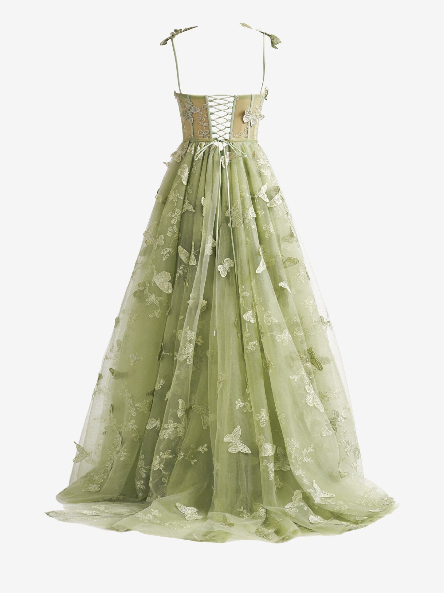  Green A-line Butterfly Lace Lilac Corset Prom Dress with Slit - Prom Dress - DYAVOR® 