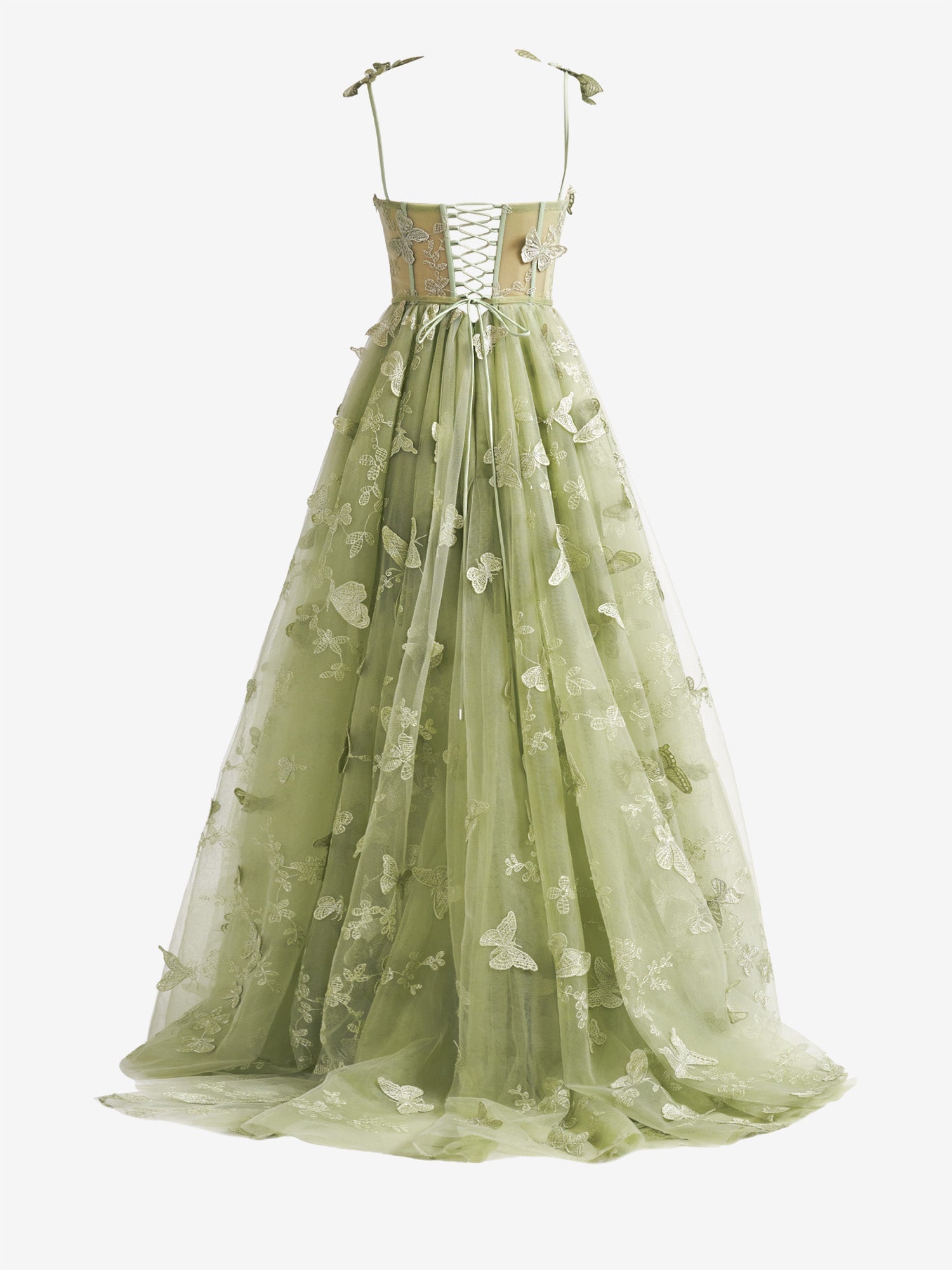  Green A-line Butterfly Lace Lilac Corset Prom Dress with Slit - Prom Dress - DYAVOR® 