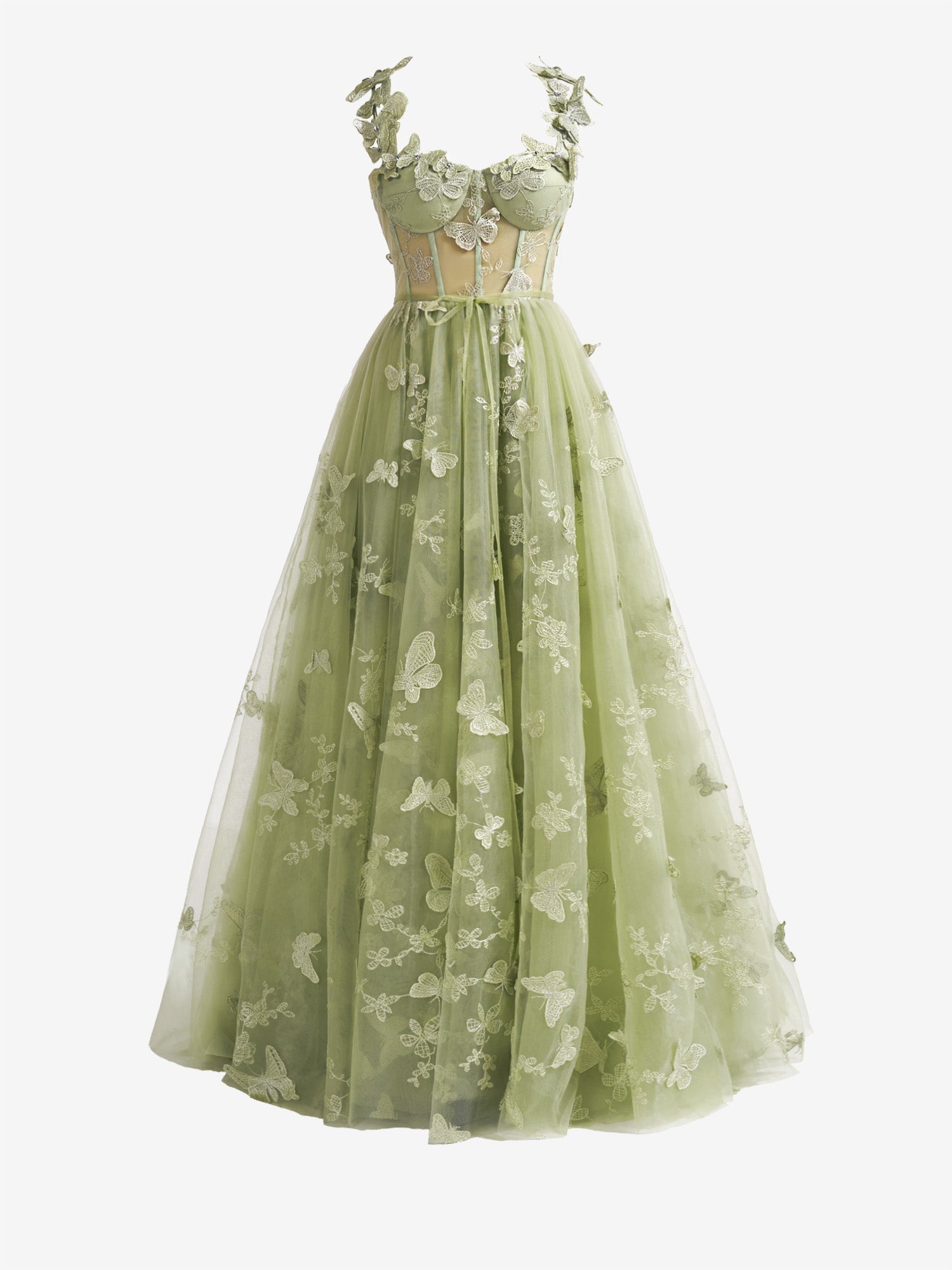  Green A-line Butterfly Lace Lilac Corset Prom Dress with Slit - Prom Dress - DYAVOR® 