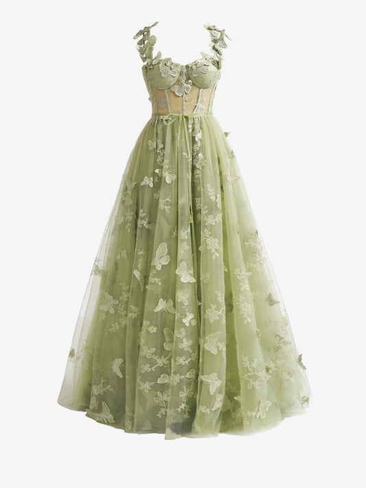  Green A-line Butterfly Lace Lilac Corset Prom Dress with Slit - Prom Dress - DYAVOR® 