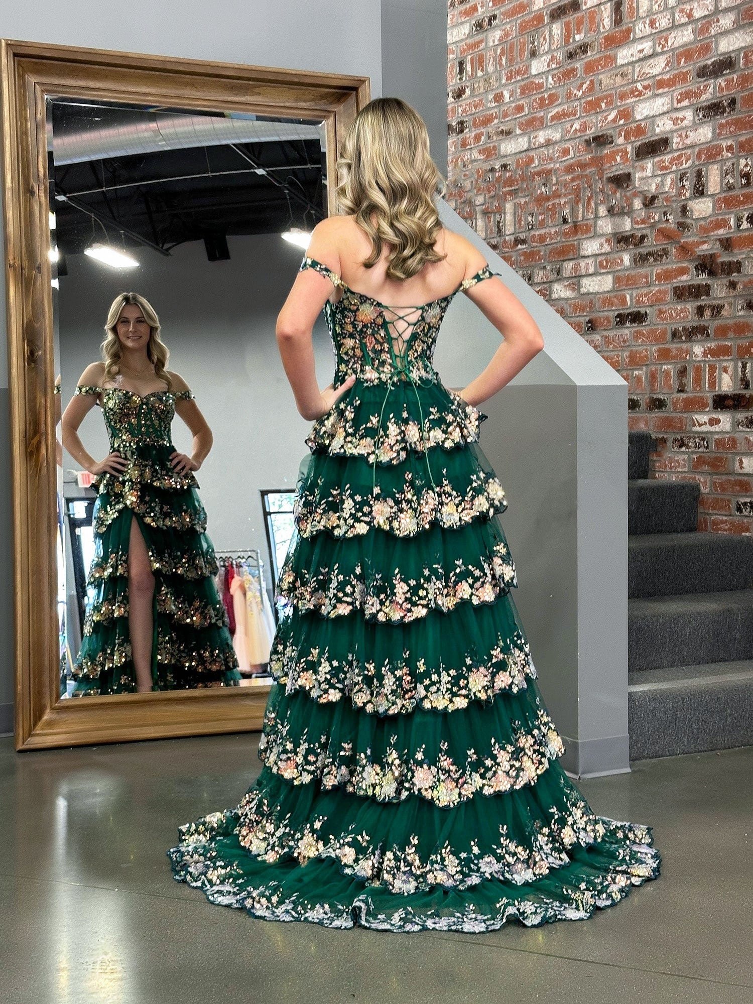  Green Princess A Line Off the Shoulder Corset Prom Dress with Lace Ruffles - Prom Dress - DYAVOR® 