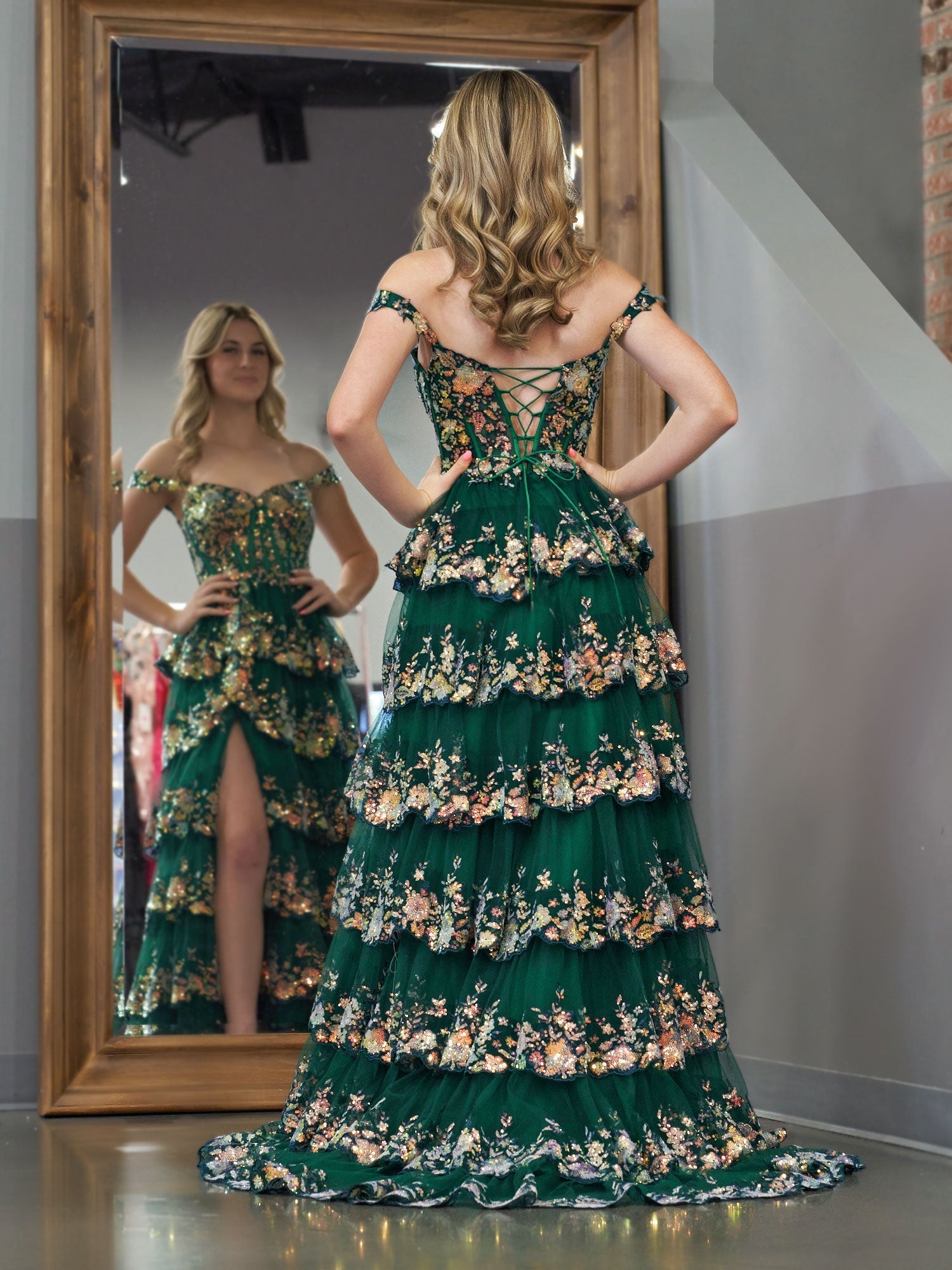  Green Princess A Line Off the Shoulder Corset Prom Dress with Lace Ruffles - Prom Dress - DYAVOR® 