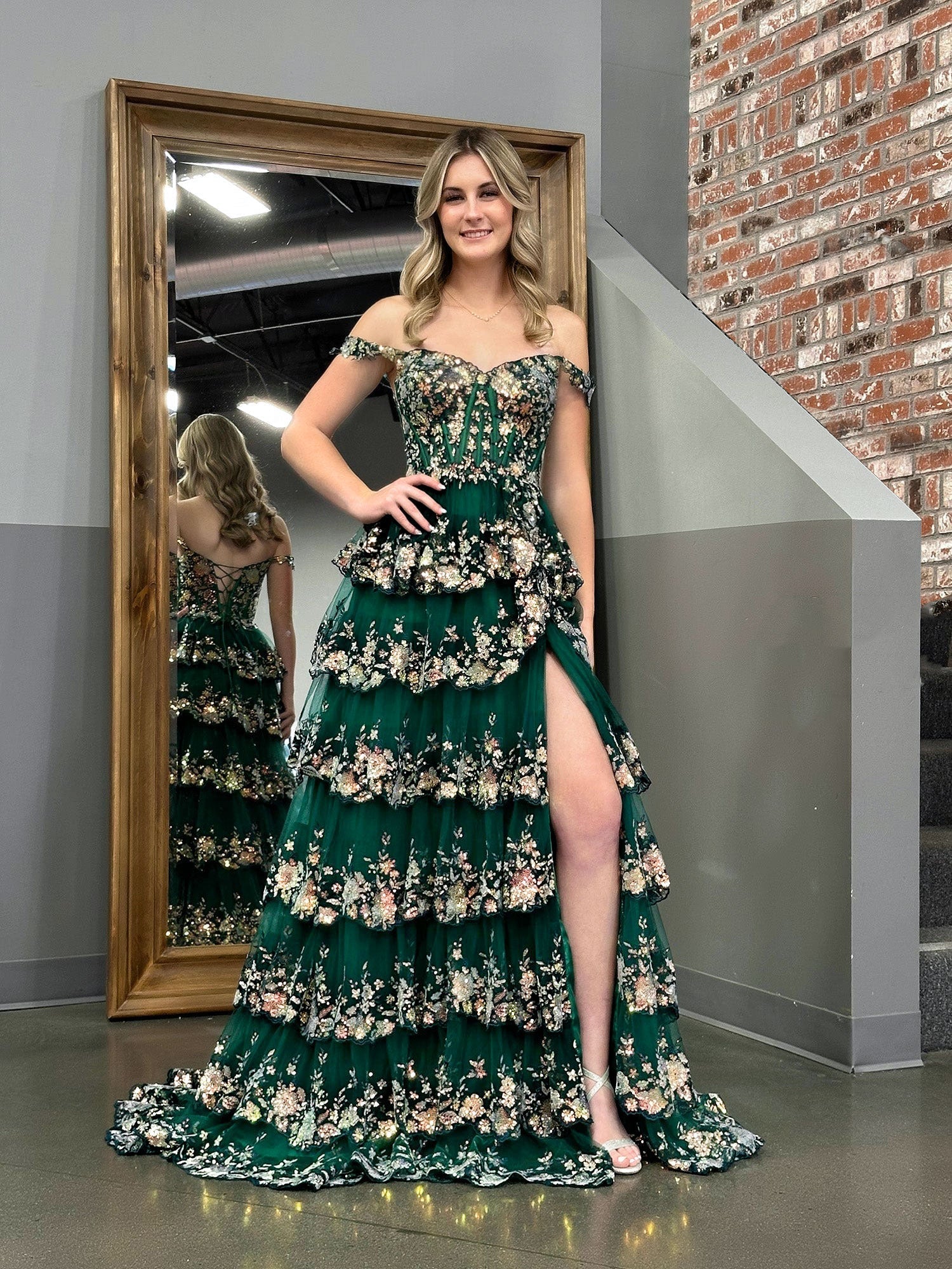  Green Princess A Line Off the Shoulder Corset Prom Dress with Lace Ruffles - Prom Dress - DYAVOR® 