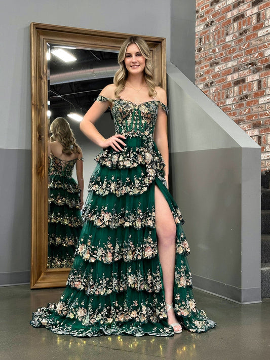 Green Princess A Line Off the Shoulder Corset Prom Dress with Lace Ruffles