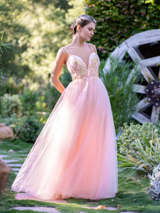  A-line Deep V Neckline Applique Tulle Prom Dress - Prom Dresses - DYAVOR® 