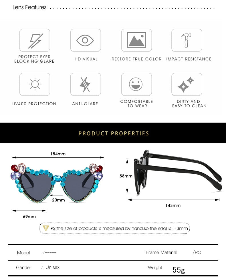  Women's Heart-Shaped Oversized Crystal Diamond Cat Eye Sunglasses - Women Sunglasses - DYAVOR® 