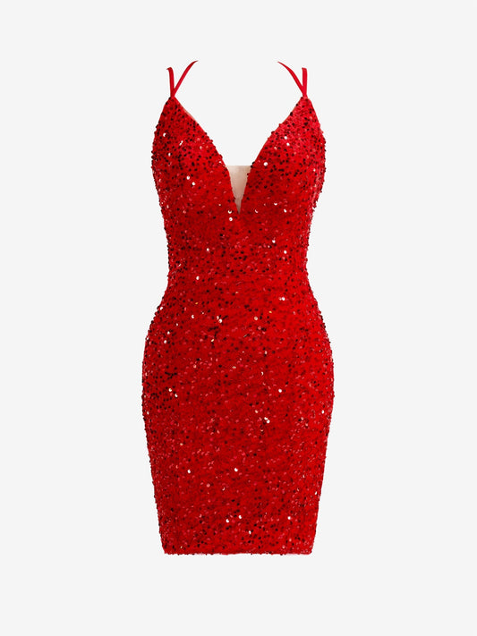 Heidi| Red Sheath Sequins Homecoming Dress with Slit - Homecoming Dress - DYAVOR® 