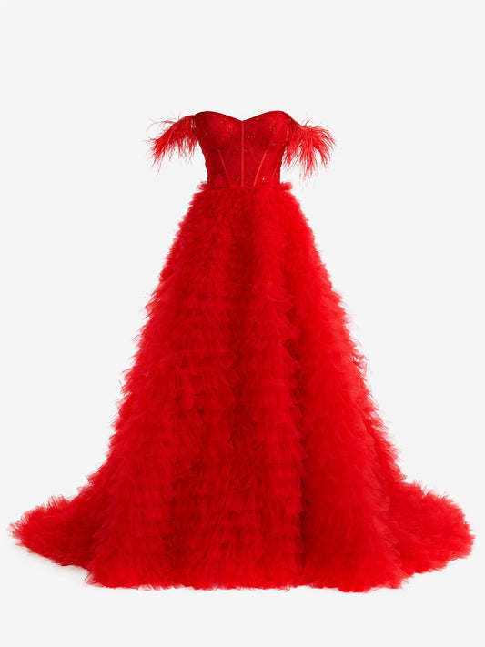 Ingrid |Red A Line Sweetheart Tiered Tulle Long Prom Dress With Slit - Prom Dress - DYAVOR® 