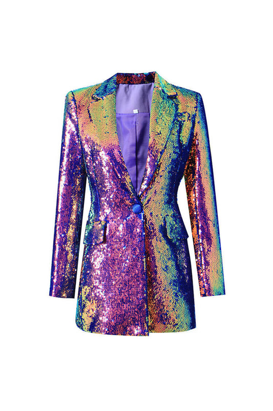  Iridescent Sequin Lapel Collar Long Sleeve Cinch Waist Metallic Party Blazer - Blazers - DYAVOR® 