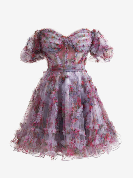  Ivana | Light Purple A Line Off the Shoulder Floral Printed Homecoming Dress - Homecoming Dress - DYAVOR® 