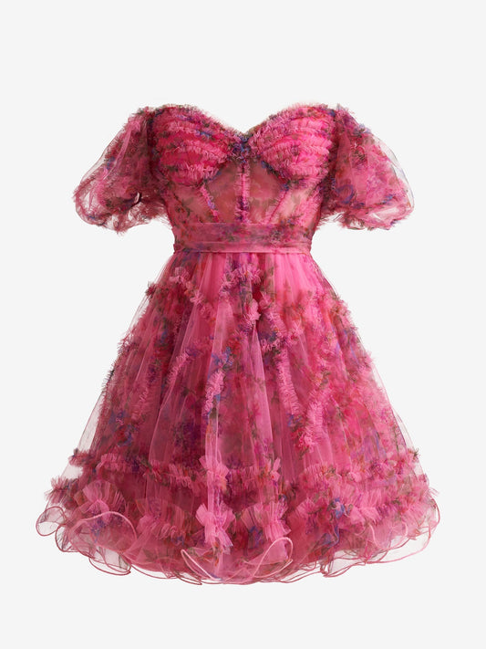  Ivana | Pink A Line Off the Shoulder Floral Printed Homecoming Dress - Homecoming Dress - DYAVOR® 