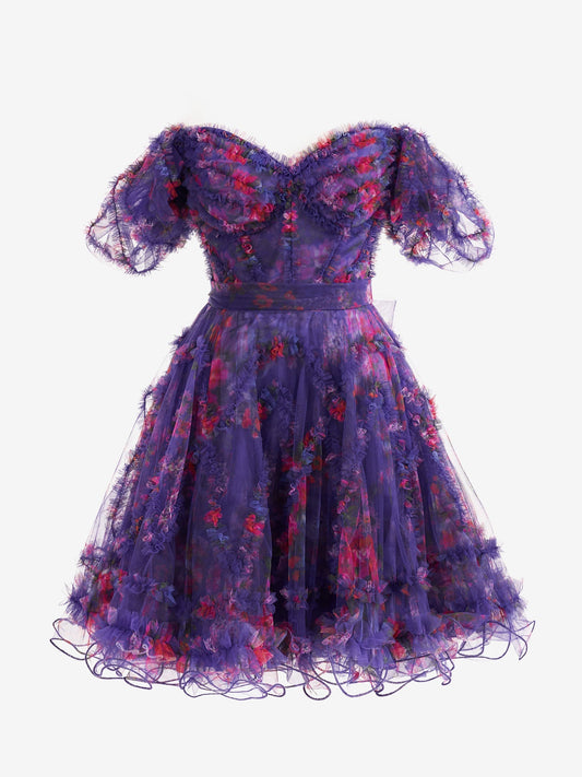 Ivana | Purple A Line Off the Shoulder Floral Printed Homecoming Dress - Homecoming Dress - DYAVOR® 