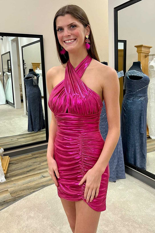  Maxine | Neon Pink Halter Ruched Short Party Dress - Prom Dress - DYAVOR® 