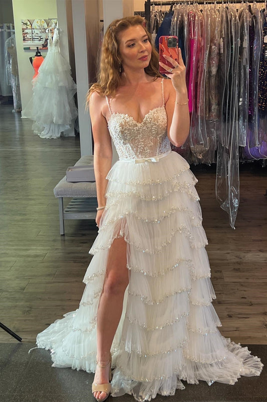  Rebekah | White Straps Floral Sequined Multi-Layers Long Prom Dress with Slit - prom dress - DYAVOR® 