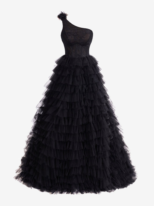  Kinsley | Black A Line One Shoulder Tiered Long Prom Dress - Prom Dress - DYAVOR® 