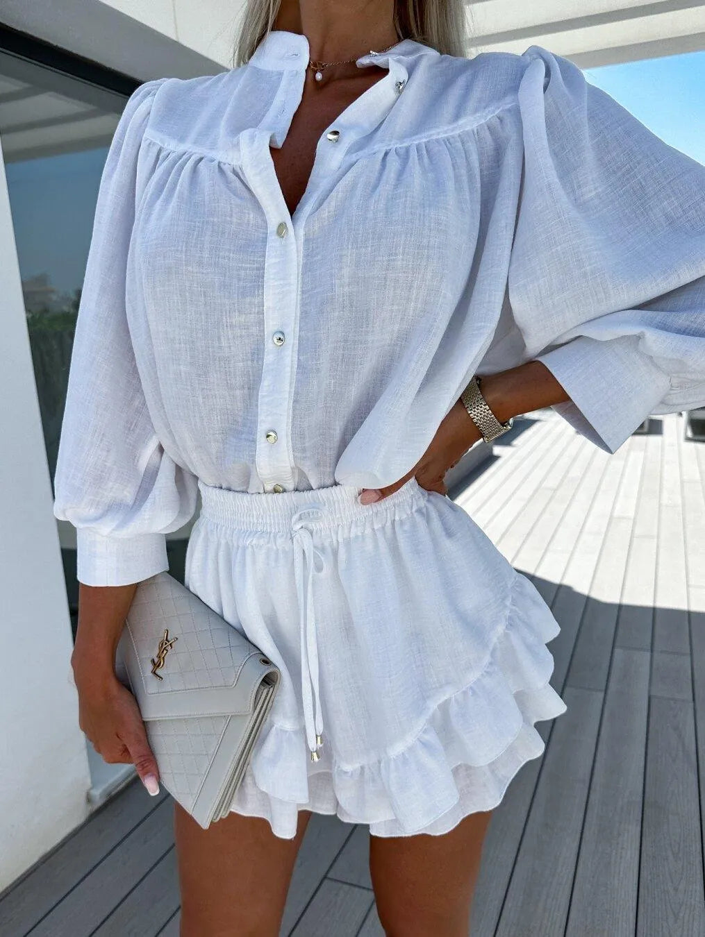  Blouse and Short Pants - Flirty - Elegant Blouse with Long Sleeves and Short Pants - Perfect for Beach or Terrace - 05/112024 1 - DYAVOR® 