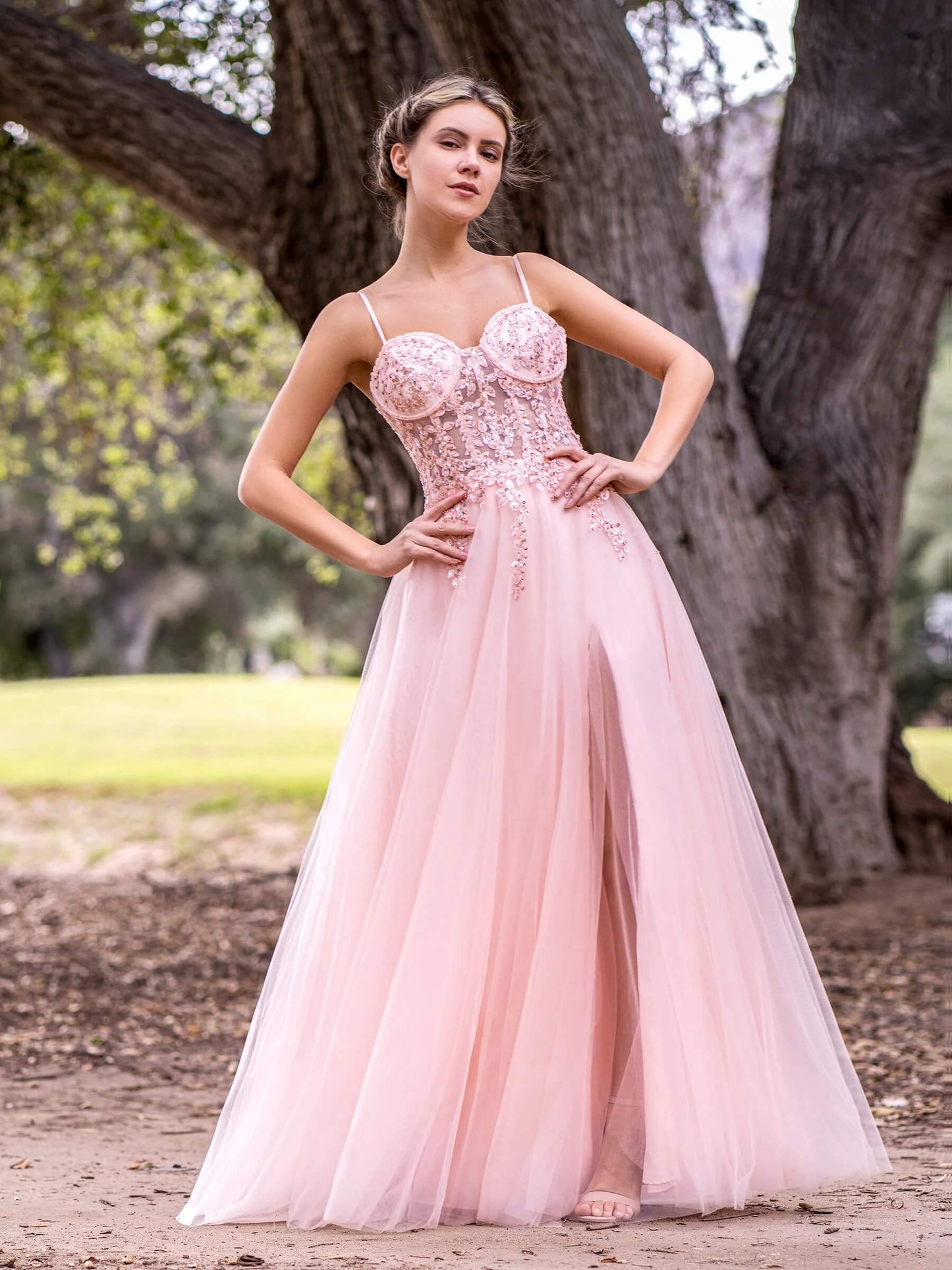  A line Spaghetti Straps Lace Floor Length Tulle Prom Dress with Slit - Prom Dresses - DYAVOR® 