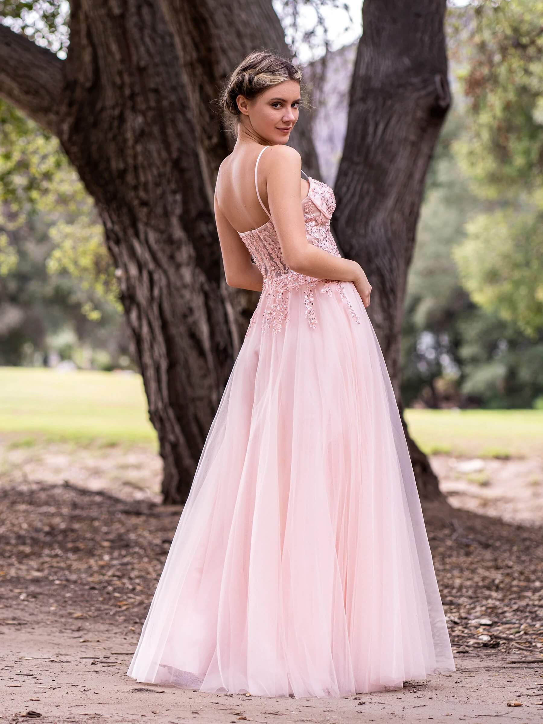  A line Spaghetti Straps Lace Floor Length Tulle Prom Dress with Slit - Prom Dresses - DYAVOR® 