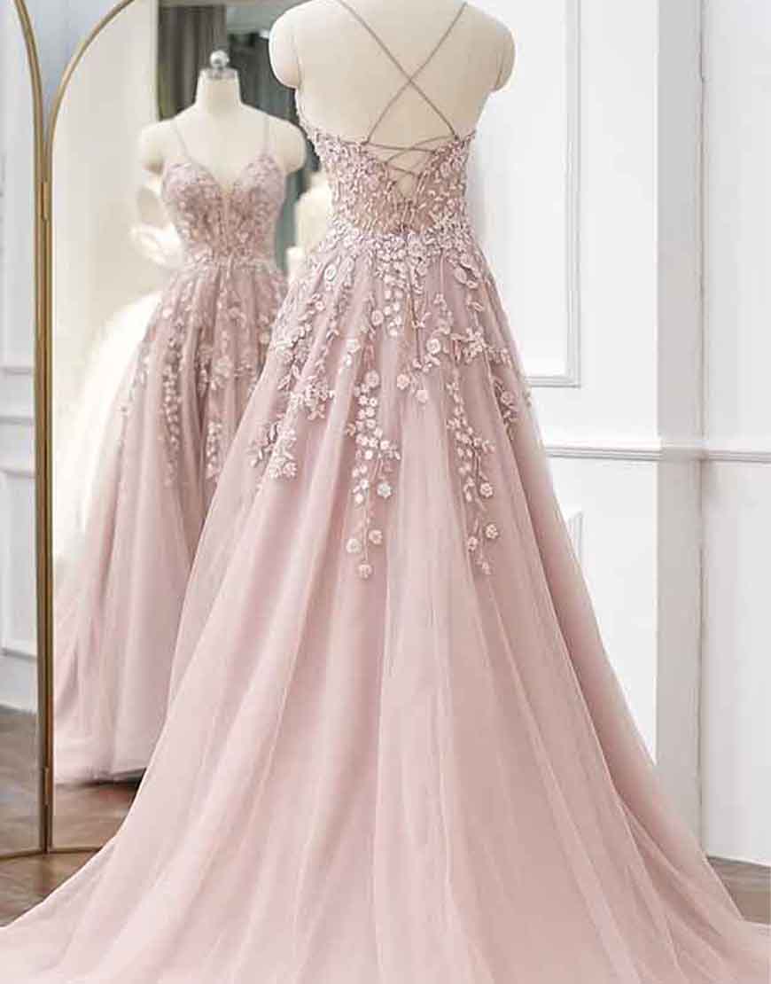  Frances |A-line Spaghetti Straps Tulle Prom Dress with Appliques - Prom Dress - DYAVOR® 