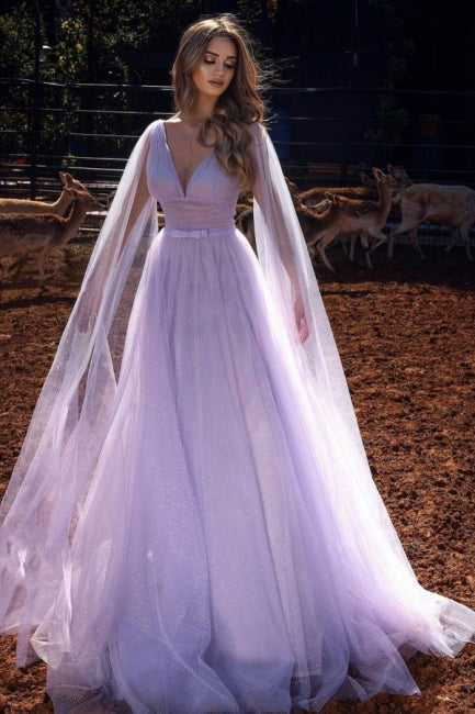  Lilac A-line Long V-Neck Long Sleeves Prom Dresses with Glitter - Prom Dresses - DYAVOR® 
