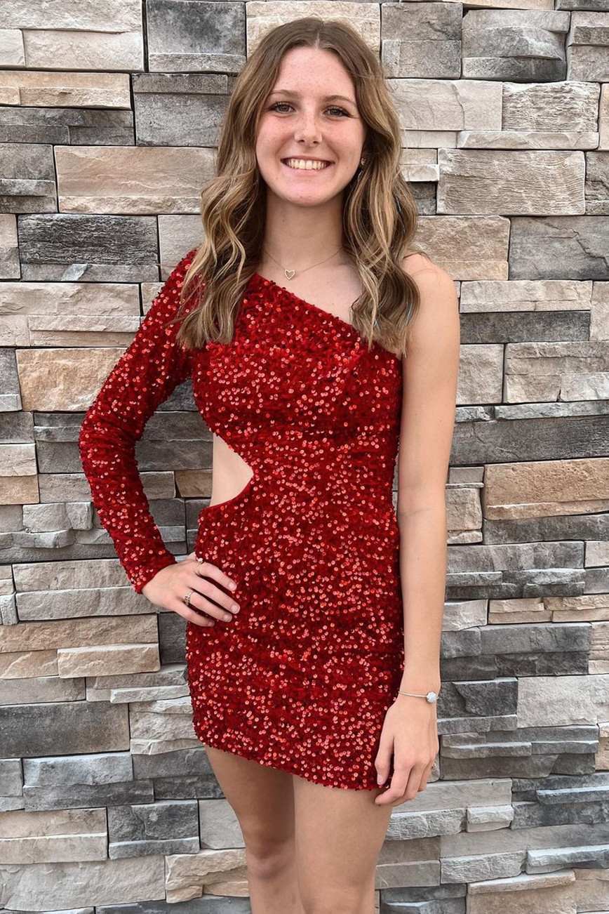  Kensley | Purple Sequin One-Sleeve Cutout Short Homecoming Dress - Prom Dress - DYAVOR® 