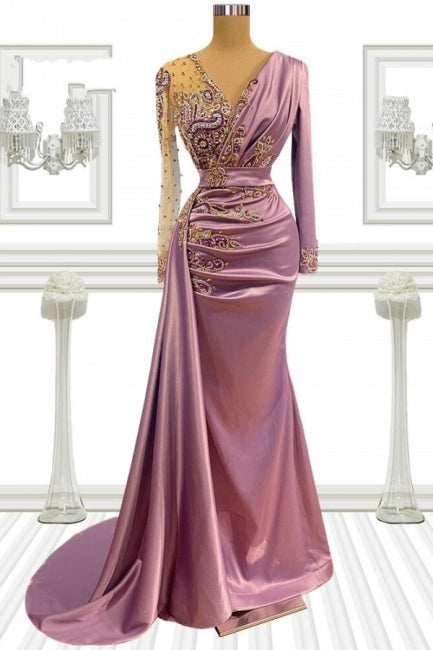  Long Pink Beading Mermaid Prom Dresses With Sleeves - Prom Dresses - DYAVOR® 