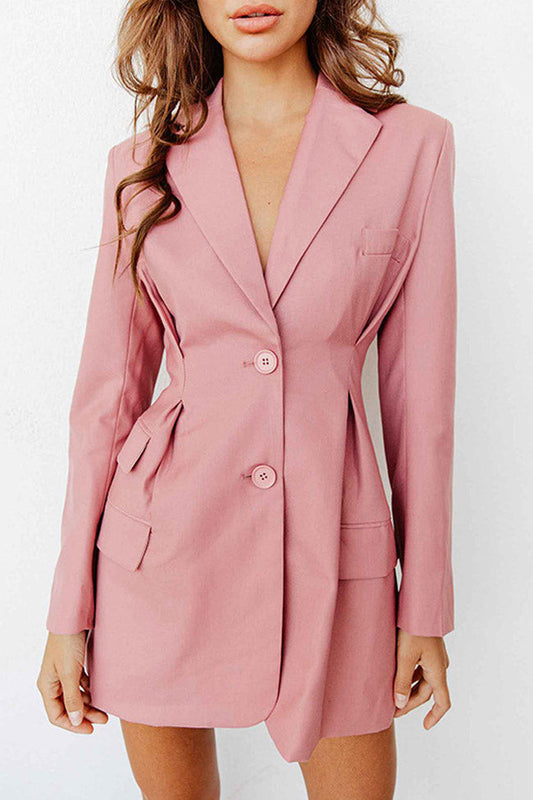  Long Sleeve Pleated Waist Lapel V Neck Mini Blazer Dress - Pink - Blazer - DYAVOR® 