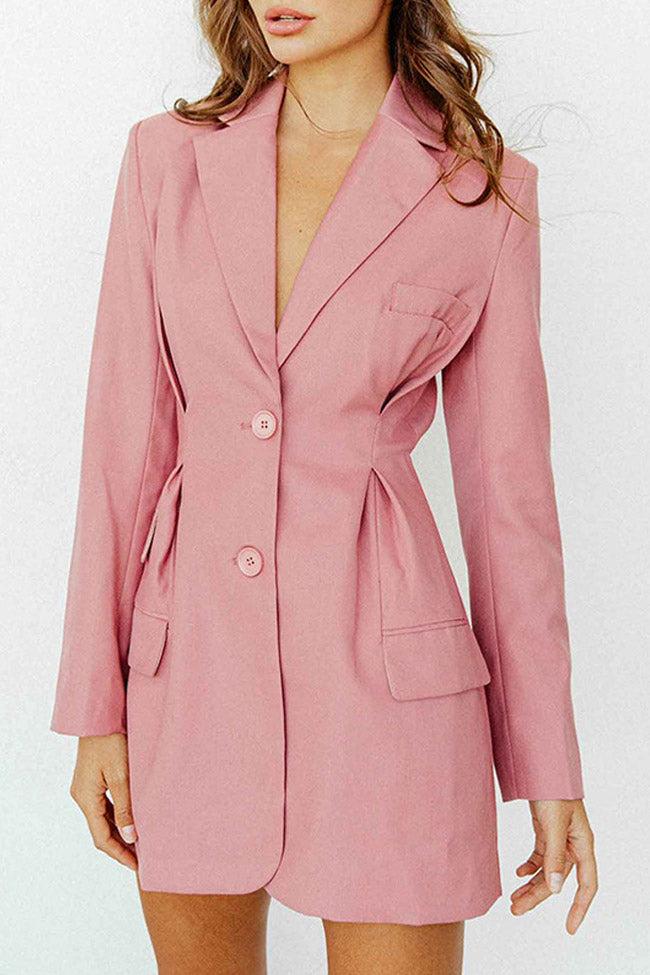  Long Sleeve Pleated Waist Lapel V Neck Mini Blazer Dress - Pink - Blazer - DYAVOR® 