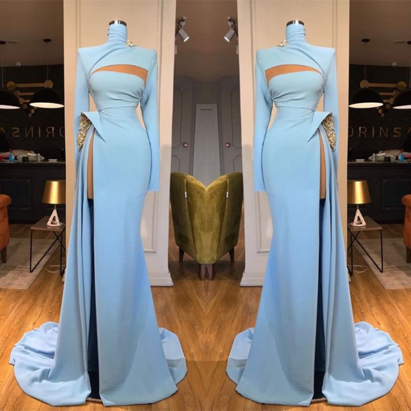  Long Sleeves High Neck Mermaid Prom Dress Long With Slit - Prom Dresses - DYAVOR® 