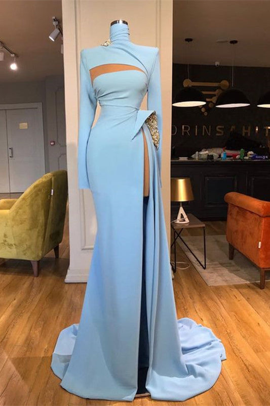  Long Sleeves High Neck Mermaid Prom Dress Long With Slit - Prom Dresses - DYAVOR® 