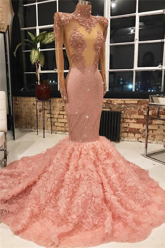  Long Sleeves Pink Prom Dress Mermaid Appliques With Flowers Bottom - Prom Dresses - DYAVOR® 