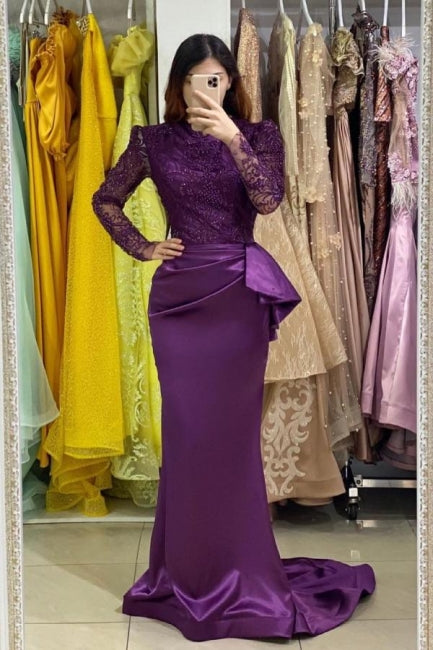  Long Sleeves Purple Mermaid Evening Gown with Soft Floral LAce Appliques - Prom Dresses - DYAVOR® 