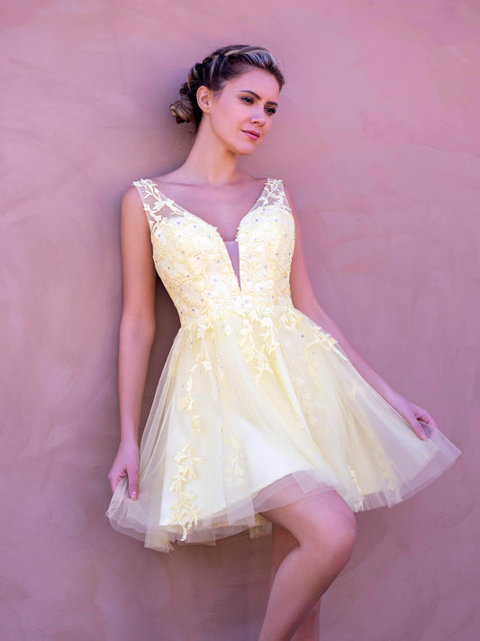  Low V Back Applique Tulle Mini Length Homecoming Dress - Prom Dresses - DYAVOR® 