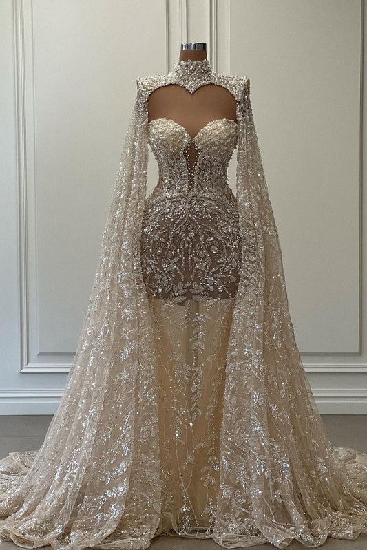  Luxurious Long Mermaid High Neck Glitter Lace Prom Dress With Sleeves - Wedding Dresses - DYAVOR® 