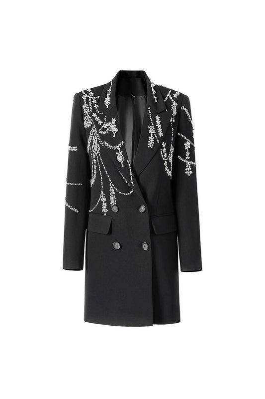 Luxury Crystal Lapel Shoulder Pad Long Sleeve Double Breasted Crepe Blazer - Blazers - DYAVOR® 