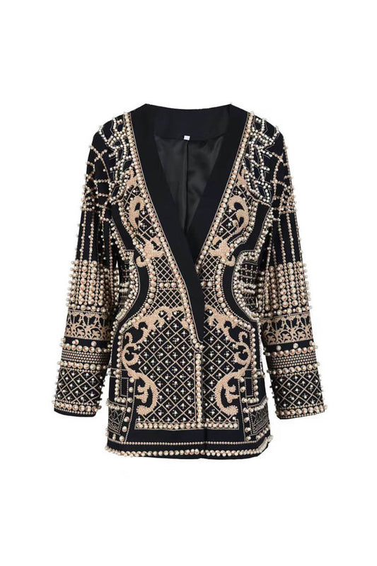  Luxury Faux Pearl Embellished Printed Plunge Shoulder Pad Party Blazer - Blazers - DYAVOR® 