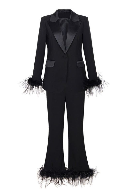  Luxury Feather Trim Cinch Waist Flared Leg Suit Pants Two Piece Blazer Set - Matching Sets - DYAVOR® 
