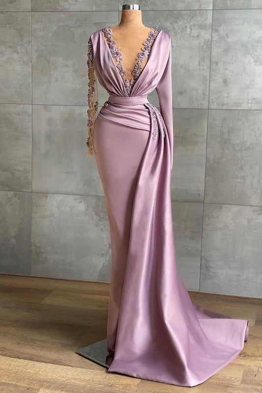  Luxury Floor-length Light Purple Ruffles Mermaid Prom Dresses With Long Sleeves - Prom Dresses - DYAVOR® 