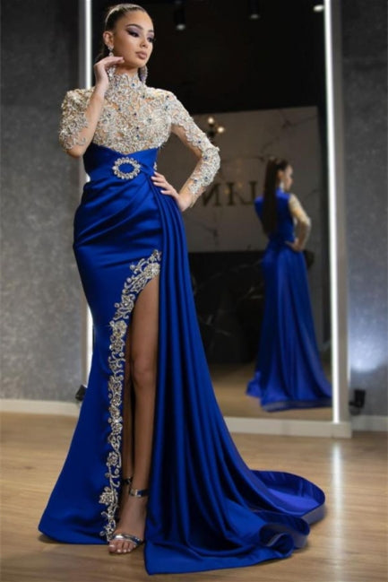  Luxury Halter Royal Blue Satin Mermaid Evening Maxi Dress Long Sleeves Crystals Gold Appliques Party Dress - Prom Dresses - DYAVOR® 