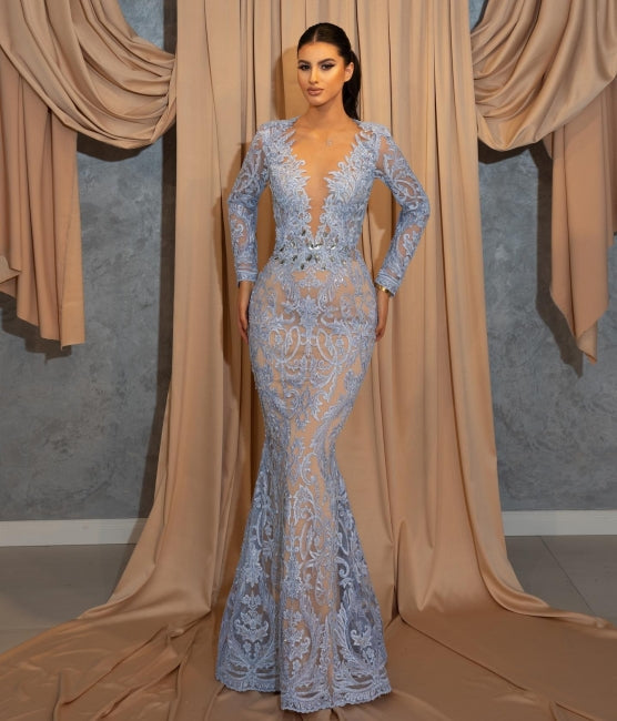  Luxury Long Blue Lace Mermaid Prom Dresses With Sleeves - Prom Dresses - DYAVOR® 