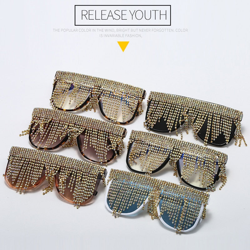  Women's Oversized Goggle Style Tassel Diamond One Piece Sunglasses - Women Sunglasses - DYAVOR® 