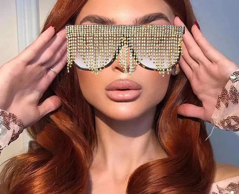  Women's Oversized Goggle Style Tassel Diamond One Piece Sunglasses - Women Sunglasses - DYAVOR® 