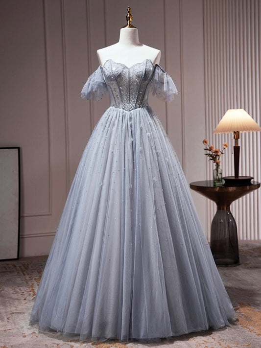  Yamileth | Gray Tulle Off Shoulder Beaded Party Dress, A-Line Tulle Formal Dress Prom Dress - Prom Dress - DYAVOR® 