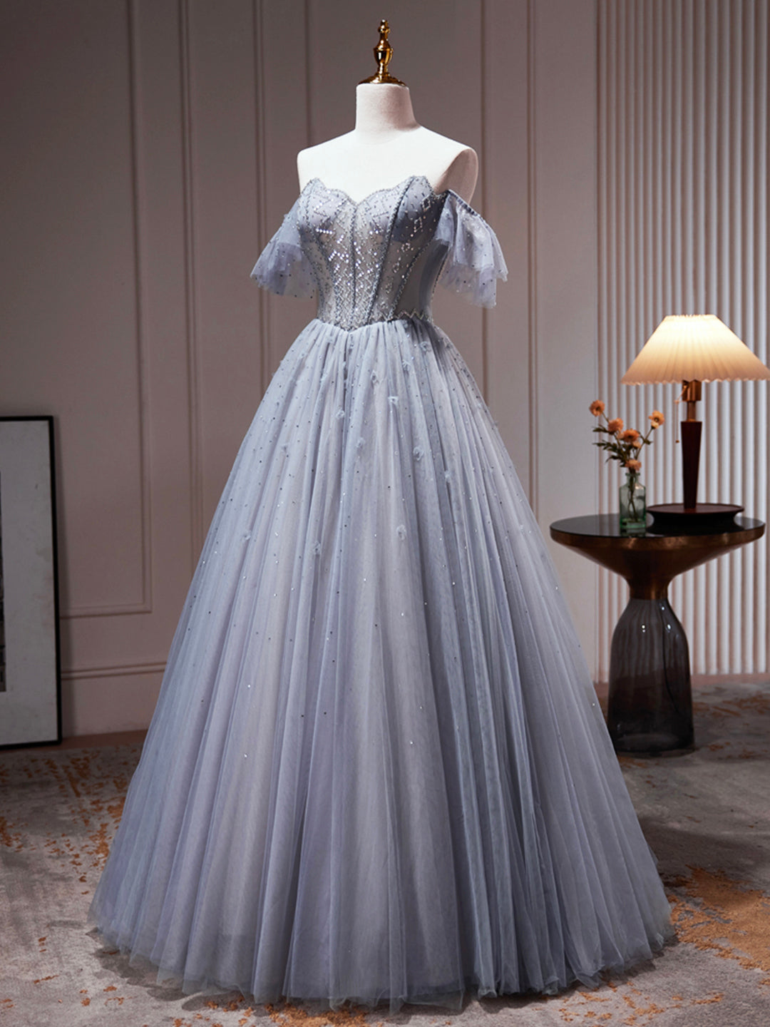  Yamileth | Gray Tulle Off Shoulder Beaded Party Dress, A-Line Tulle Formal Dress Prom Dress - Prom Dress - DYAVOR® 